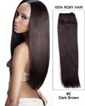 16” Yaki Straight Brazilian Remy Hair Weave Weft Human Hair Extensions- #2 Dark Brown