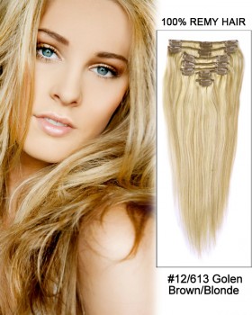 16” 7pcs Straight 100% Remy Hair Clip In Hair Extensions #12/613-Golden Brown/Blonde