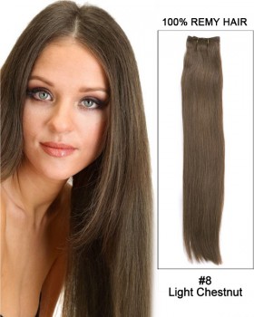 18” Silky Straight Brazilian Remy Hair Weave Human Hair Extensions-#8 Light Chestnut