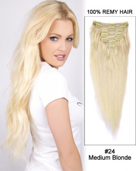 14” 7pcs #24 Medium Blonde Straight 100% Remy Hair Clip in Hair Extensions
