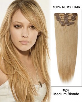 16” 11pcs #24 Medium Blonde Straight Clip in Remy Human Hair Extensions