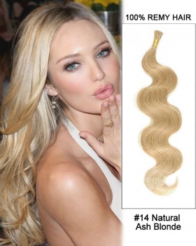 14” #14 Natural Ash Blonde Body Wave Stick Tip I Tip 100% Remy Hair Keratin Hair Extensions-50 strands, 1g/strand
