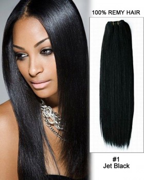 16” Yaki Straight Brazilian Remy Hair Weave Weft Human Hair Extension-#1 Jet Black