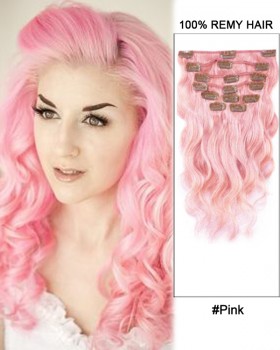 16” 7pcs #Pink Body Wave 100% Remy Hair Clip In Human Hair Extensions
