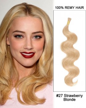 14” #27 Strawberry Blonde Body Wave Stick Tip I Tip 100% Remy Hair Keratin Hair Extensions-50 strands, 1g/strand