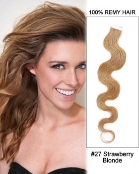 14” #27 Srawberry Blonde Body Wave 100% Remy Hair Tape In Hair Extensions-40 pcs