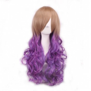 Women and Girl Wig Gradient Long Hair Heat Resistant Curly Cosplay Wigs Harajuku Style Lolita (Purple+Brown)