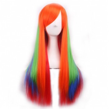 Women colorful Wig Gradient Long straight hair Heat Resistant Cosplay Wigs (Orange + Green + Jewelry blue)